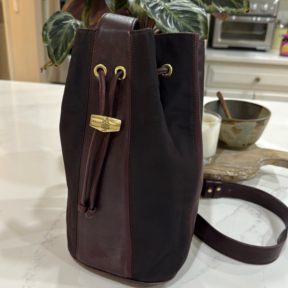 Mark Cross Brown Leather and Nylon Drawstring Bucket Sling Bag